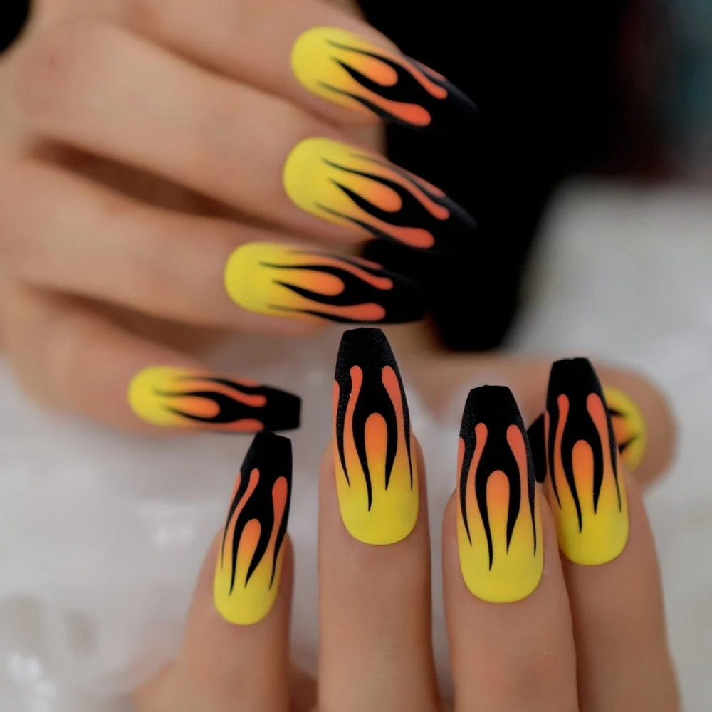 Yellow Orange Ombre Faux Ongles Fire Matte Black Flame Fake Nails Extra Long Coffin Shape Ladies Fingernails 24-Nail Inspo