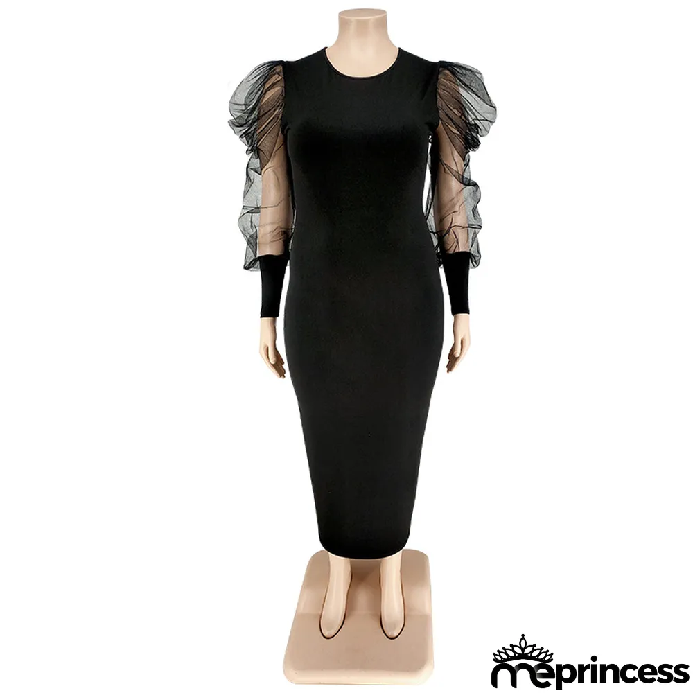 Plus Size Fall Women'S Round Neck Ruched Mesh Long Sleeve Solid Color Long Dress