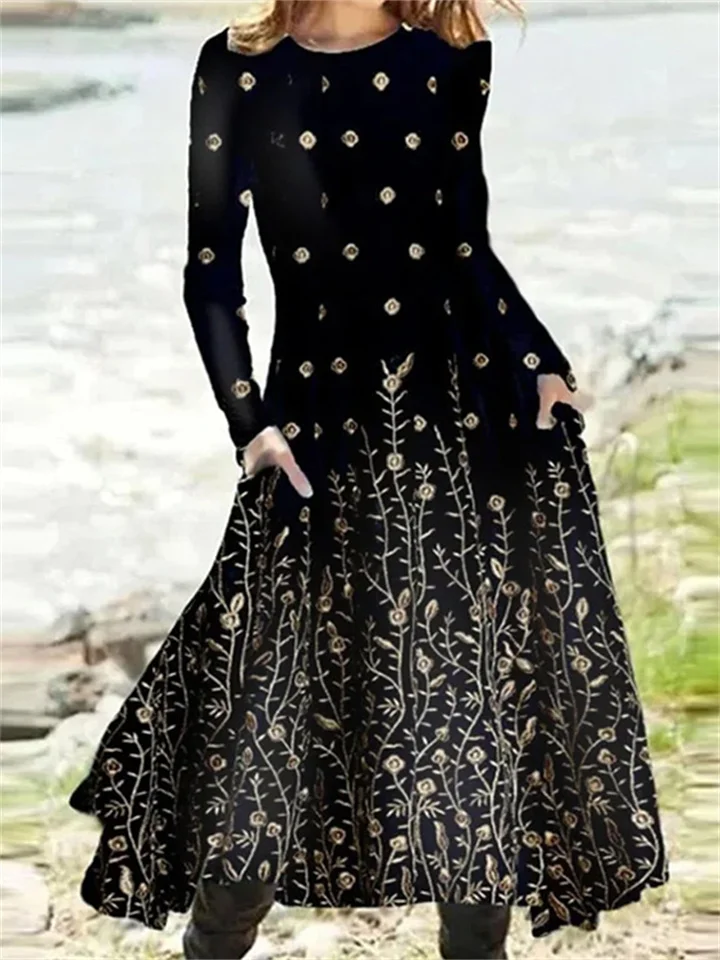 Women's New Fall and Winter Long-sleeved Bohemian Long Skirt Hem Printed Dresses-JRSEE