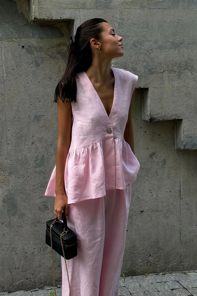 Romantic Cotton V Neck Sleeveless Vest Pants Two Piece Set