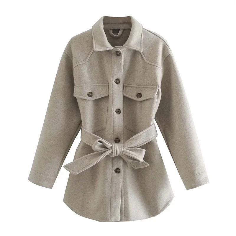 Aachoae Women Chic Wool Coats With Belt 2021 Solid Long Sleeve Pockets Shirt Jackets Outerwear Turn Down Collar Elegant Coat