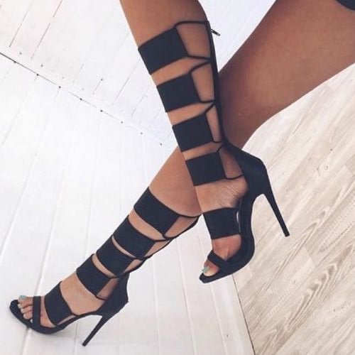 Black Stiletto Heels Strappy Knee High Gladiator Heels Sandals |FSJ Shoes