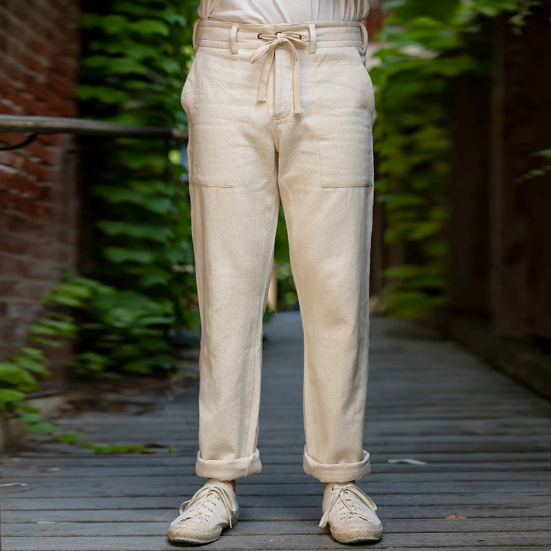 Vintage Off-White Lace-Up Cotton Twill Straight-Leg Pants