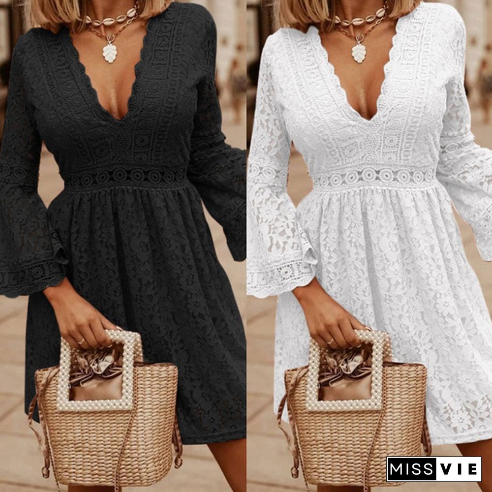 Womens Fashion Lace Mini Dress Flare Long Sleeve Neck Evening Party Elegant Casual Pleated
