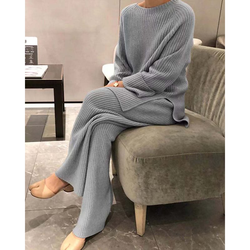 Long sleeve solid color knitted casual two-piece set MusePointer