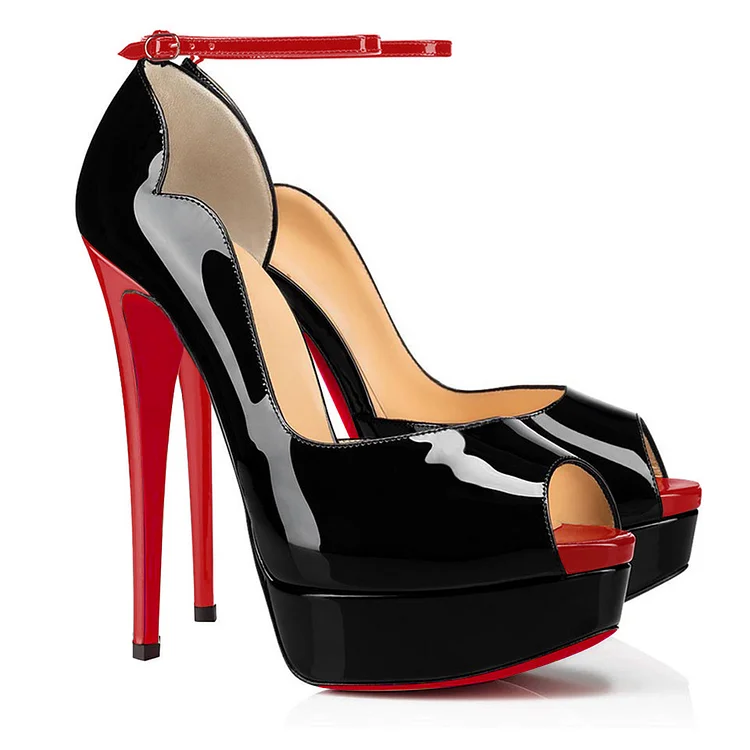 150mm Gradient Color Patent Red Bottom Sky High Platform Ankle Strap Pumps VOCOSI VOCOSI