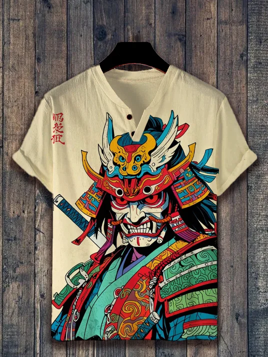 Men's Japanese Samurai Art Print Casual V Neck Button T-Shirt