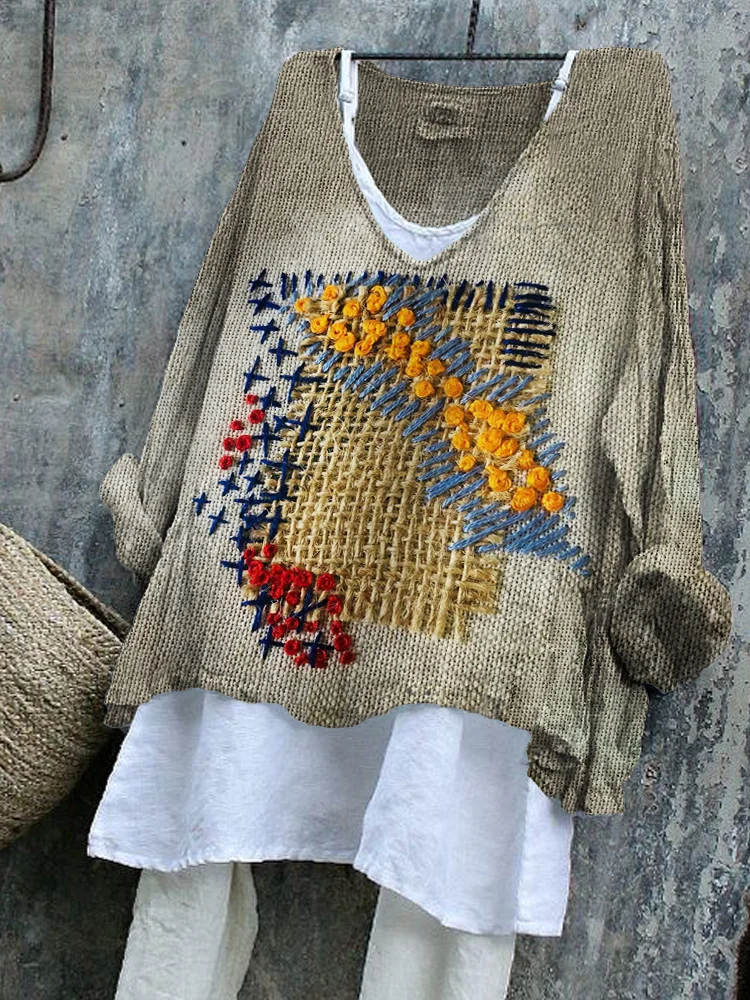 Colorful Embroidered Stitched Textile Art Linen Blend Tunic
