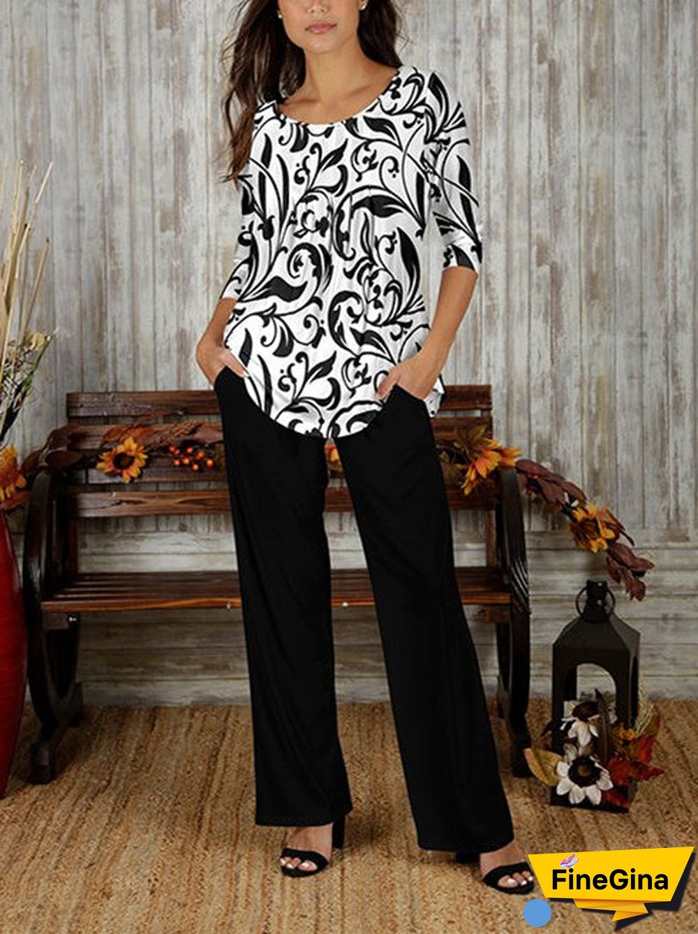 Women's Graphic Printed Long Sleeve Scoop Neck Sets