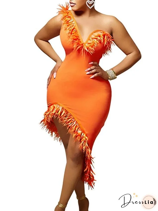 Semi Formal Party Dress Feather Dress Bodycon Midi Dress Black Blue Orange Sleeveless Pure Color Backless Winter Fall One Shoulder Slim S M L XL 2XL for Women