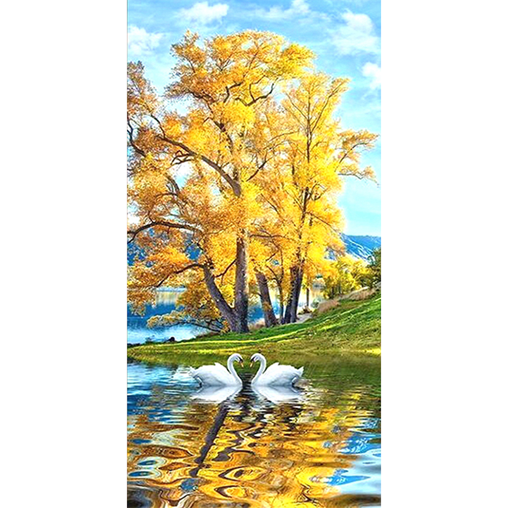 

45*85CM - Round Drill Diamond Painting - Swan Lake, 501 Original