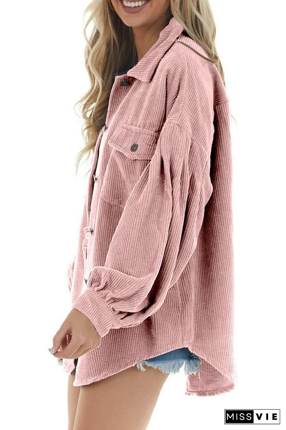 Lantern Sleeve Button Pockets Corduroy Shirt