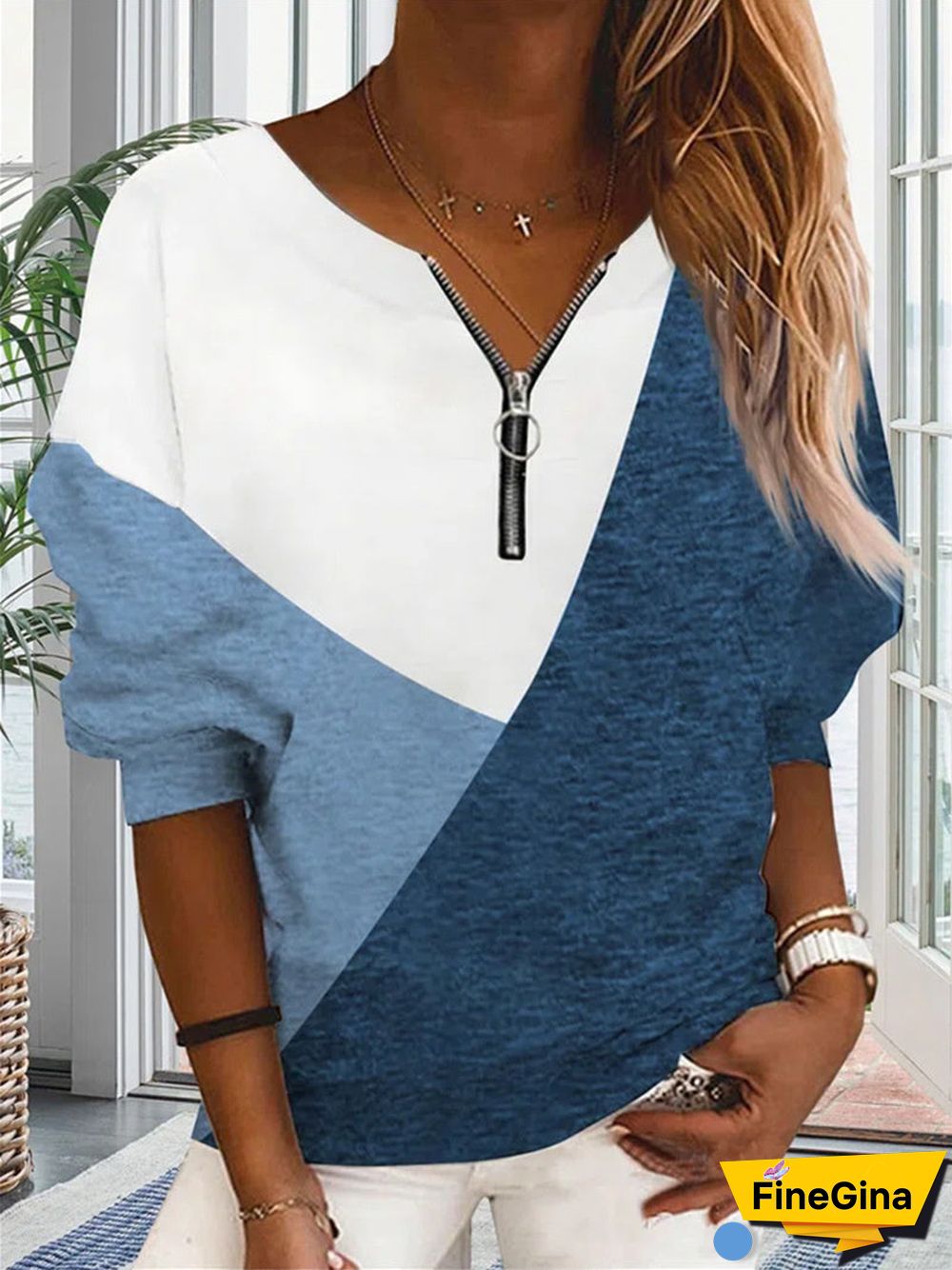Women's Floral Long Sleeve V-Neck Colorblock Tops