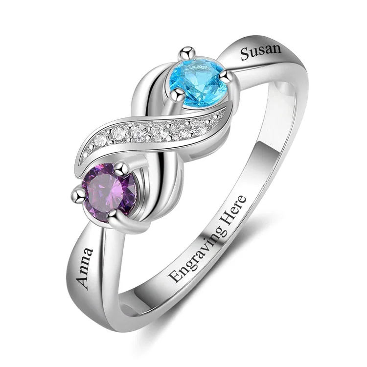 Mothers Ring with 2 Birthstones 2 Names Infinity Promise Ring Personalized Great Mother's Day Gift