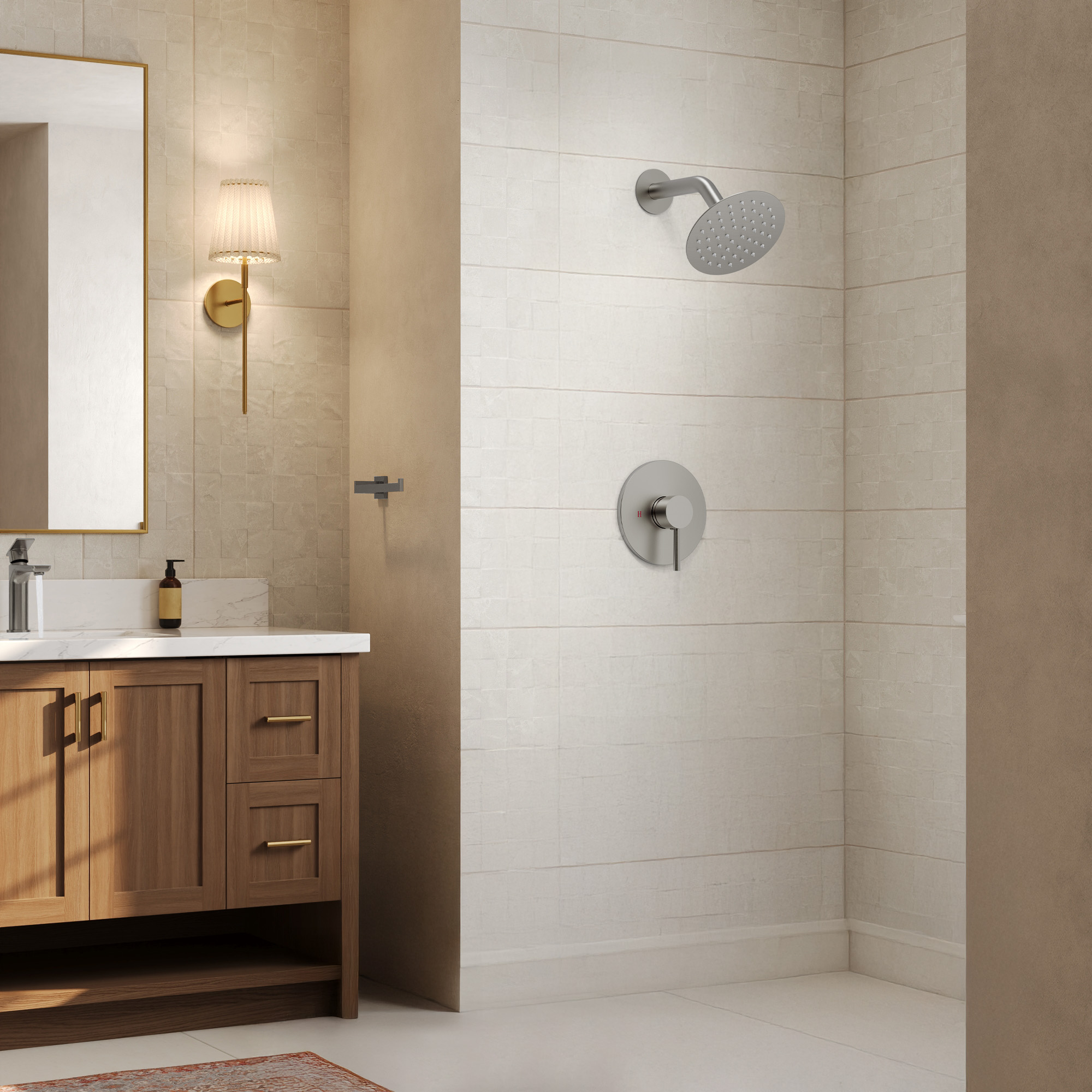 Round 1-Spray 6 in. Wall Mount Fixed Shower Head with High Pressure in Brushed Nickel Valve Included