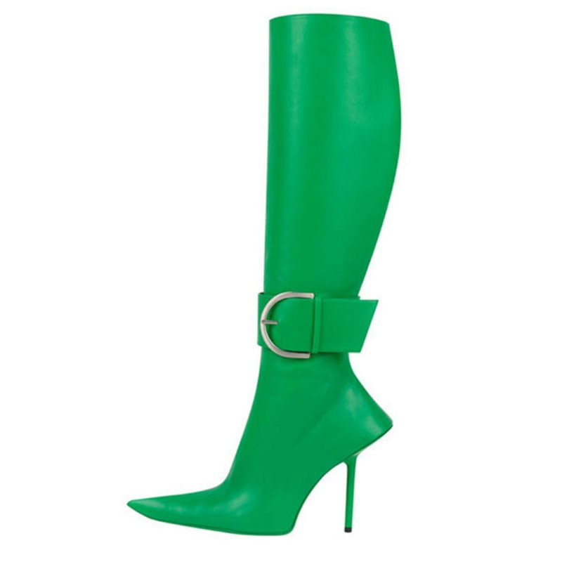 Women‘s Pointed Toe Metal Buckle Special-Shaped Knee high Boots Plus Size Side-Pull Mid Calf Boots Novameme
