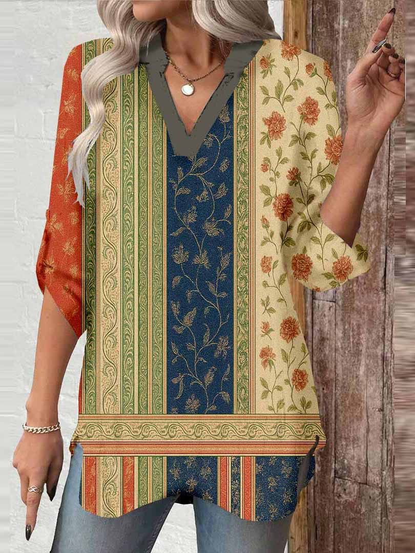 Women Bohemian,Floral,Red,Blue DZGA0285 3/4 Sleeve V-neck Printed Graphic Button Tops