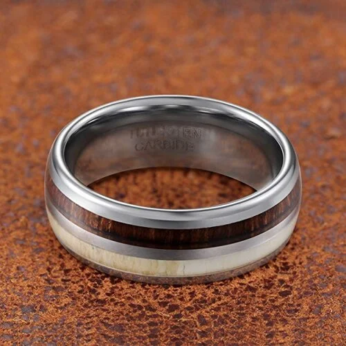 6MM 8MM Women's Or Men's Wedding Tungsten Carbide Wedding Matching Rings Antler and Wood Inlay Domed Top