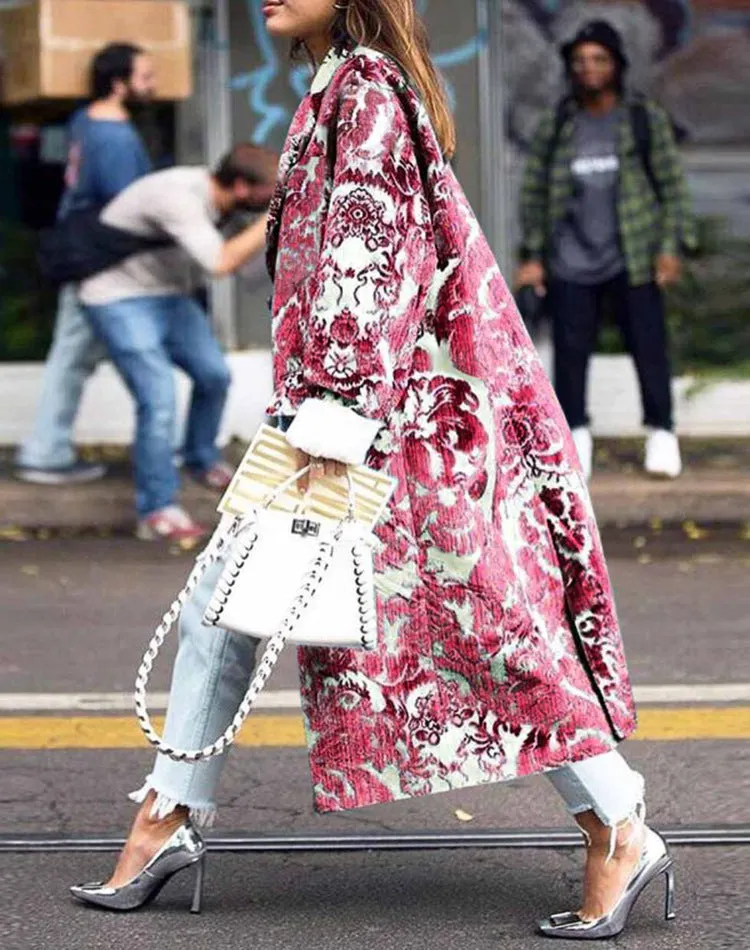 Brownm Autumn Long Sleeve Collar Printed Woolen Coats