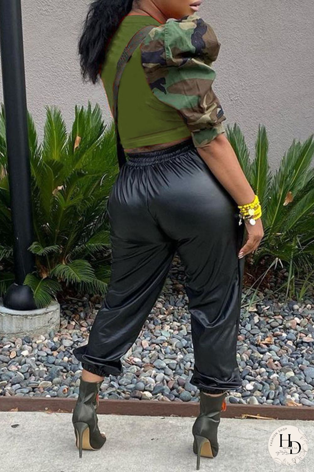 Black Fashion Casual Camouflage Print Patchwork O Neck Tops