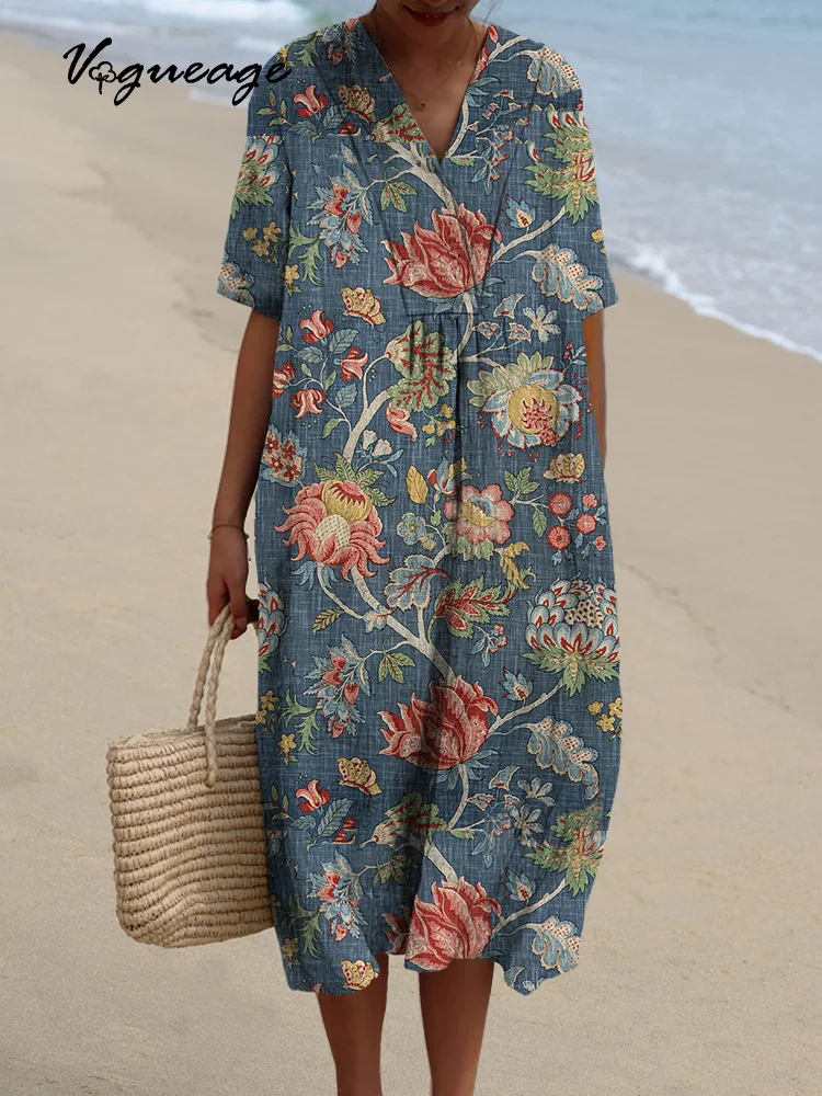 Elegant Hand Drawn Plants And Flowers Printed Women's Casual Cotton And Linen Dress