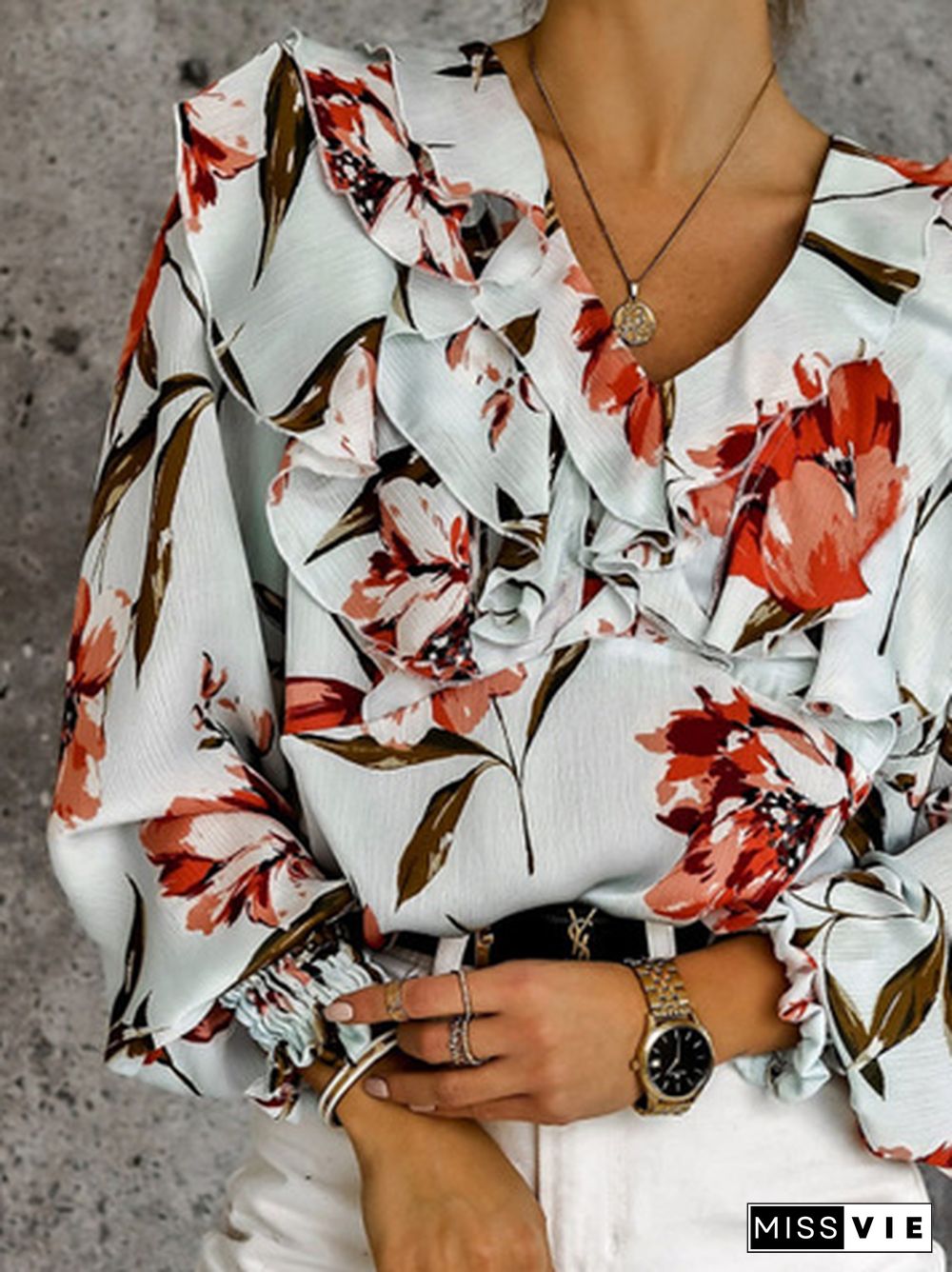 Casual Floral Autumn Polyester V neck Loose Long sleeve Regular Regular Tops for Women