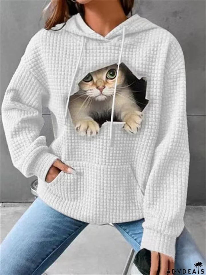 Lovely Kitty Print Ladies Comfy Waffle Hoodies