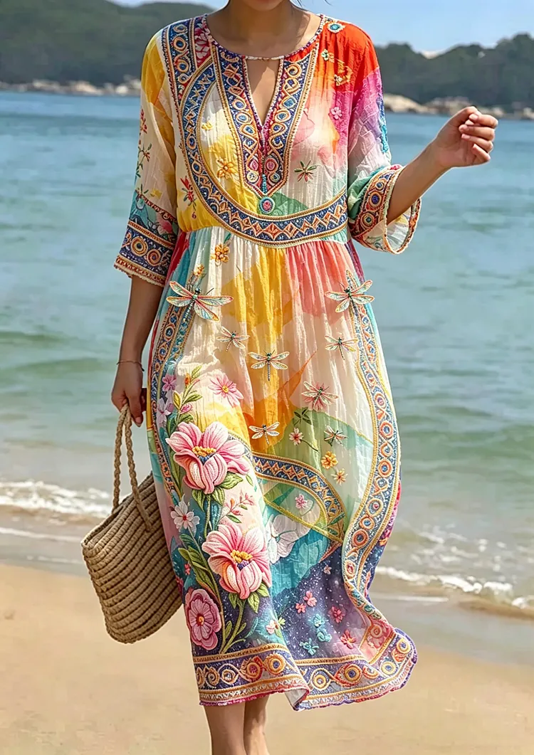 Women's Floral Embroidered Smocked Waist Midi Dress