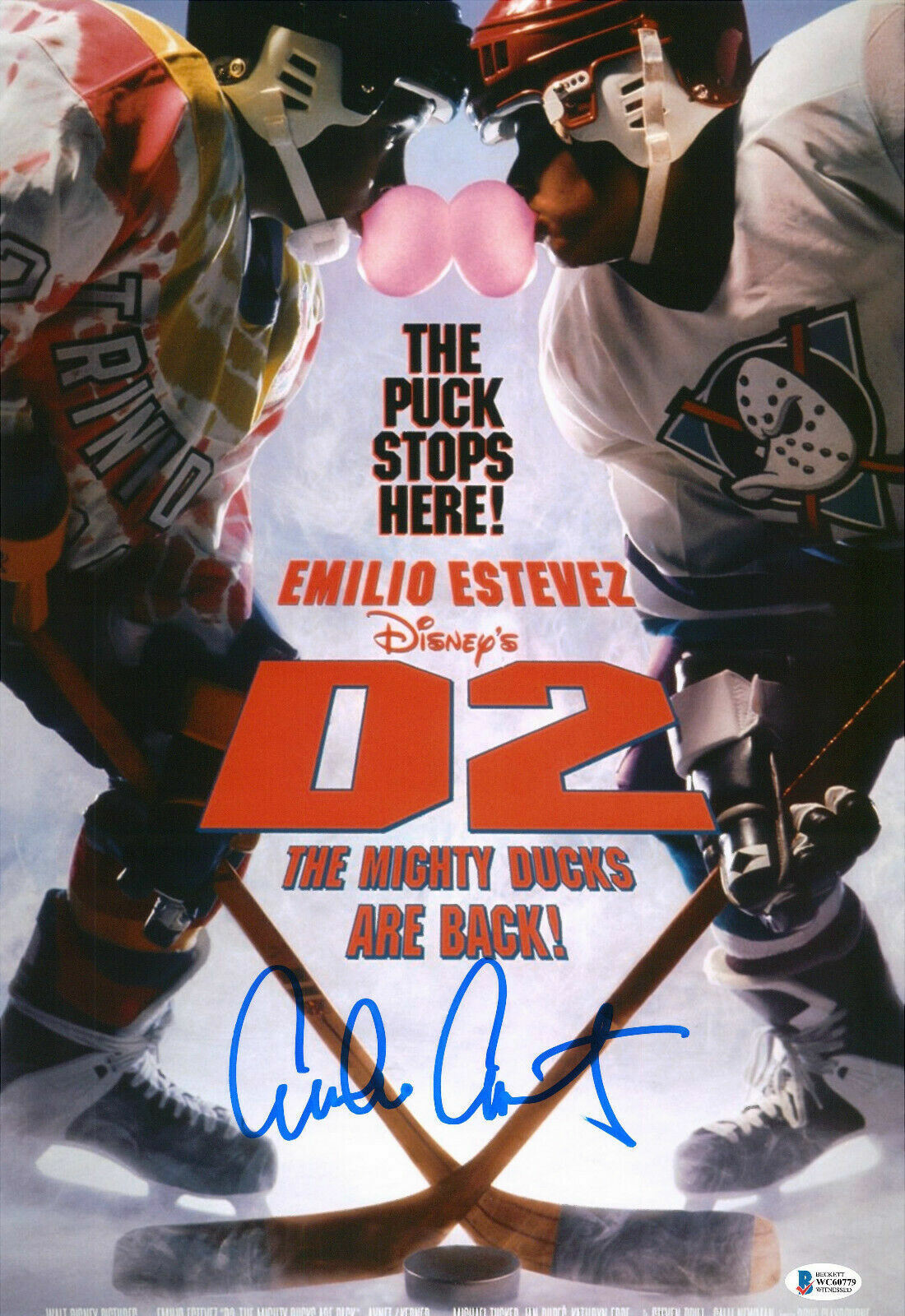 Emilio Estevez signed Mighty Ducks 2 Gordon Bombay 12x18 Poster BAS Beckett COA