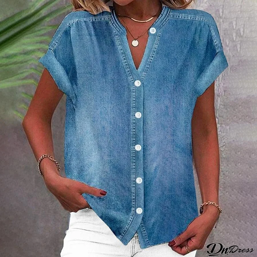 Fresh Plain Blue Denim Short Sleeve Top