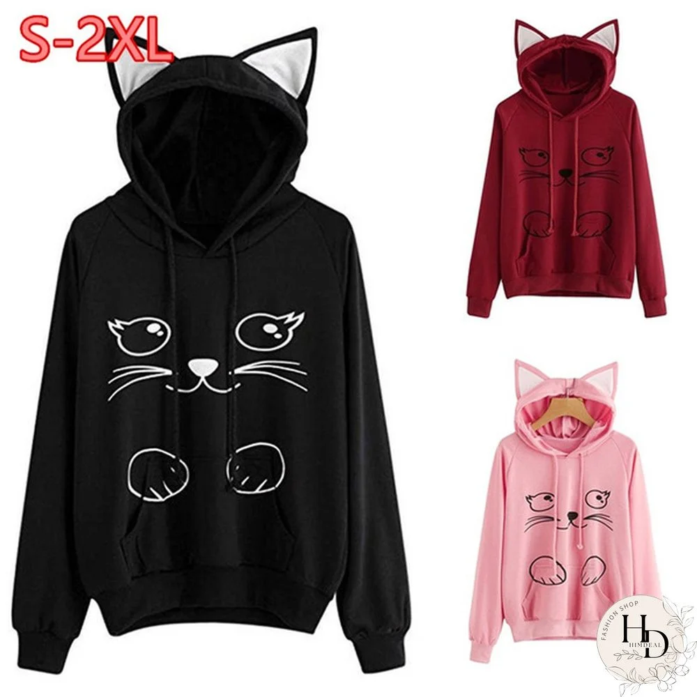 Womens Fashion Spring Cat Print Long Sleeve Hoodie Sweatshirt Ladies Casual Loose Hooded Pullover Tops