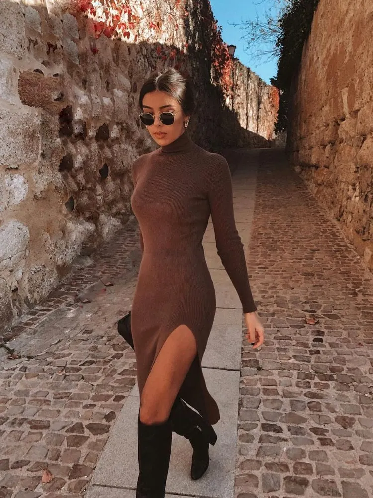 Vintage Elegant Brown Sheath Rib Dress Women Fashion Side Open Half Turtleneck Long Dresses Female Chic Vestidos