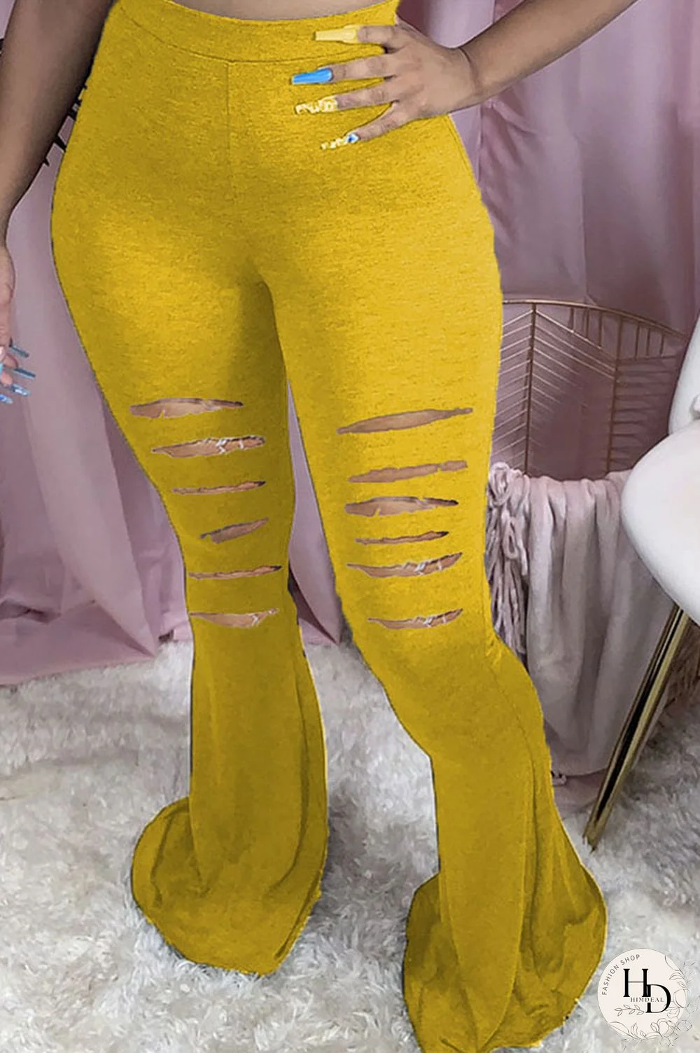 Yellow Elastic Fly Mid Solid Boot Cut Pants Bottoms