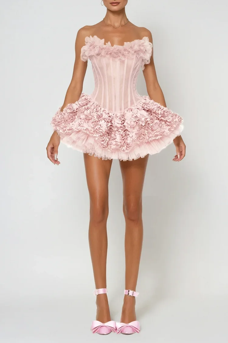 Daxton Corset Flower Puffy Mini Dress In Pink