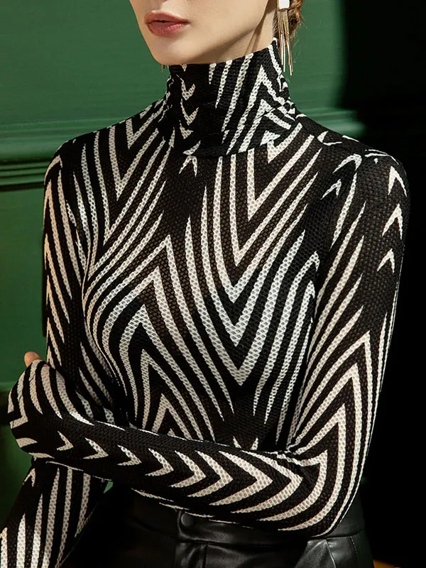 Long Sleeves Skinny Printed High-Neck T-Shirts Tops