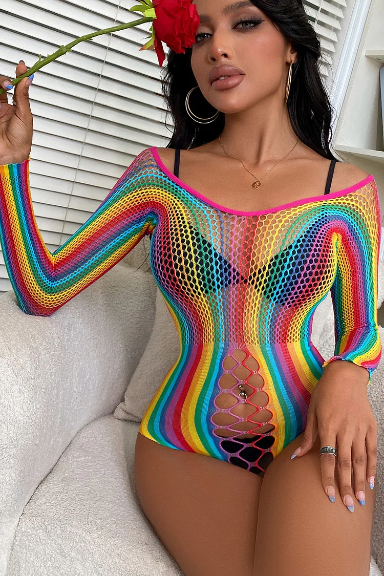 Rainbow Striped Fishnet Hollow Out Stretchy Bodycon Bodysuit