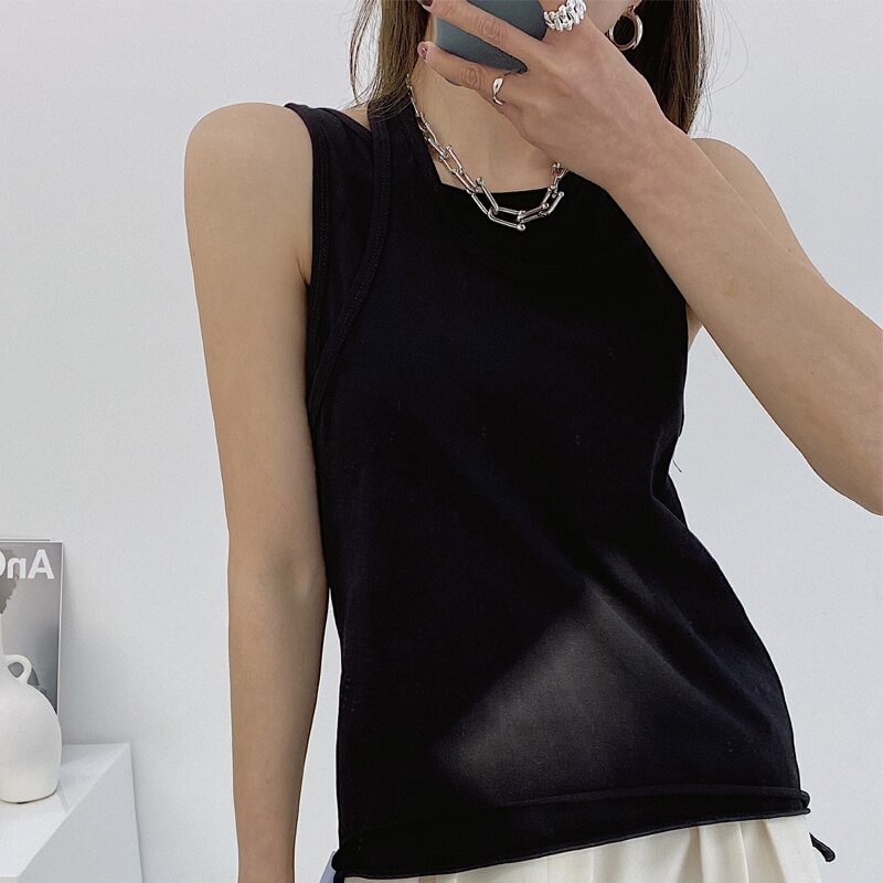 Ueong White Fake Two Vest For Women Irregular Collar Sleeveless Hollow Out Casual Tank Tops Female Fashion New Summer