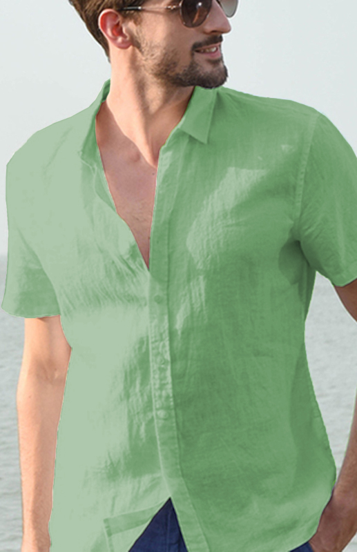 Mature Men's Casual Linen Lapel Button Short-Sleeved Shirt Top