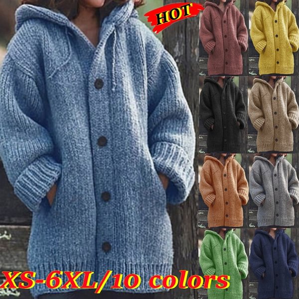 New Autumn  Winter  Fashion Women Coat Knit Hooded Sweater Loose Mid-length Button Up Knitted Cardigan Jackets for Women Outwear Vestidos Mujer Casacos De Inverno Feminino - Shop Trendy Women's Fashion | TeeYours