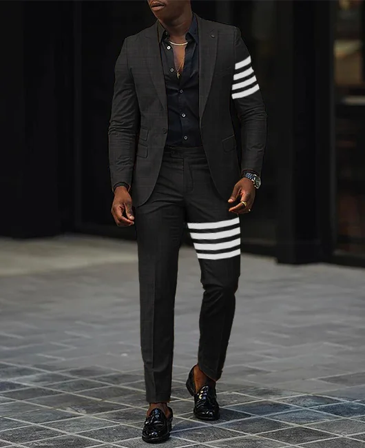 Okaywear Contrast Striped One Button Blazer & Pants 2Pcs Set 