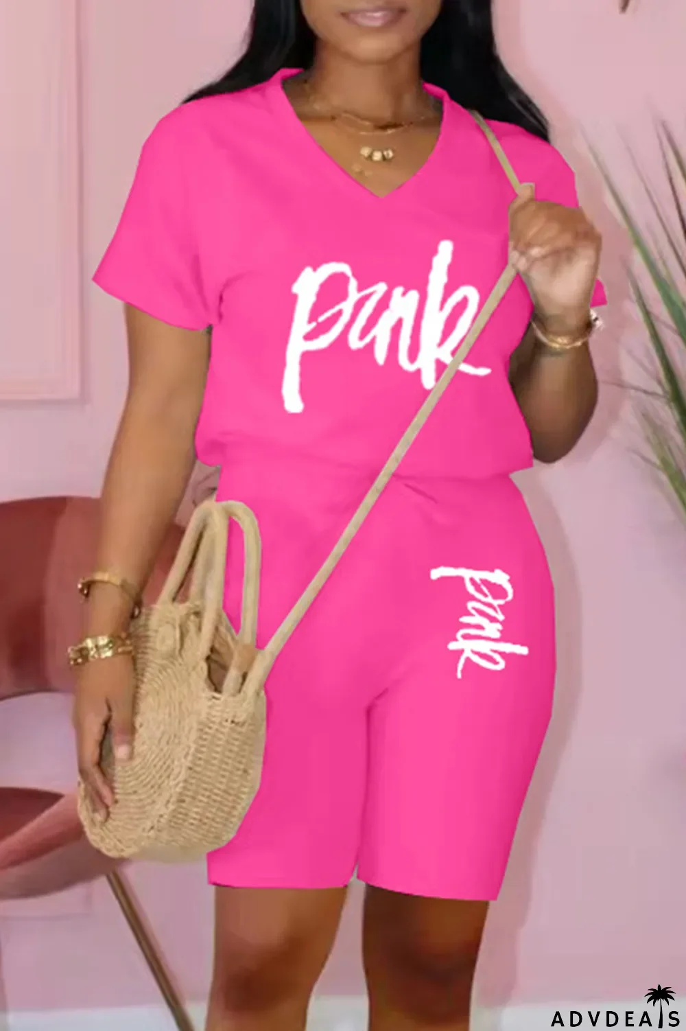 Apricot Fashion Casual Letter Print Basic V Neck Short Sleeve Two Pieces