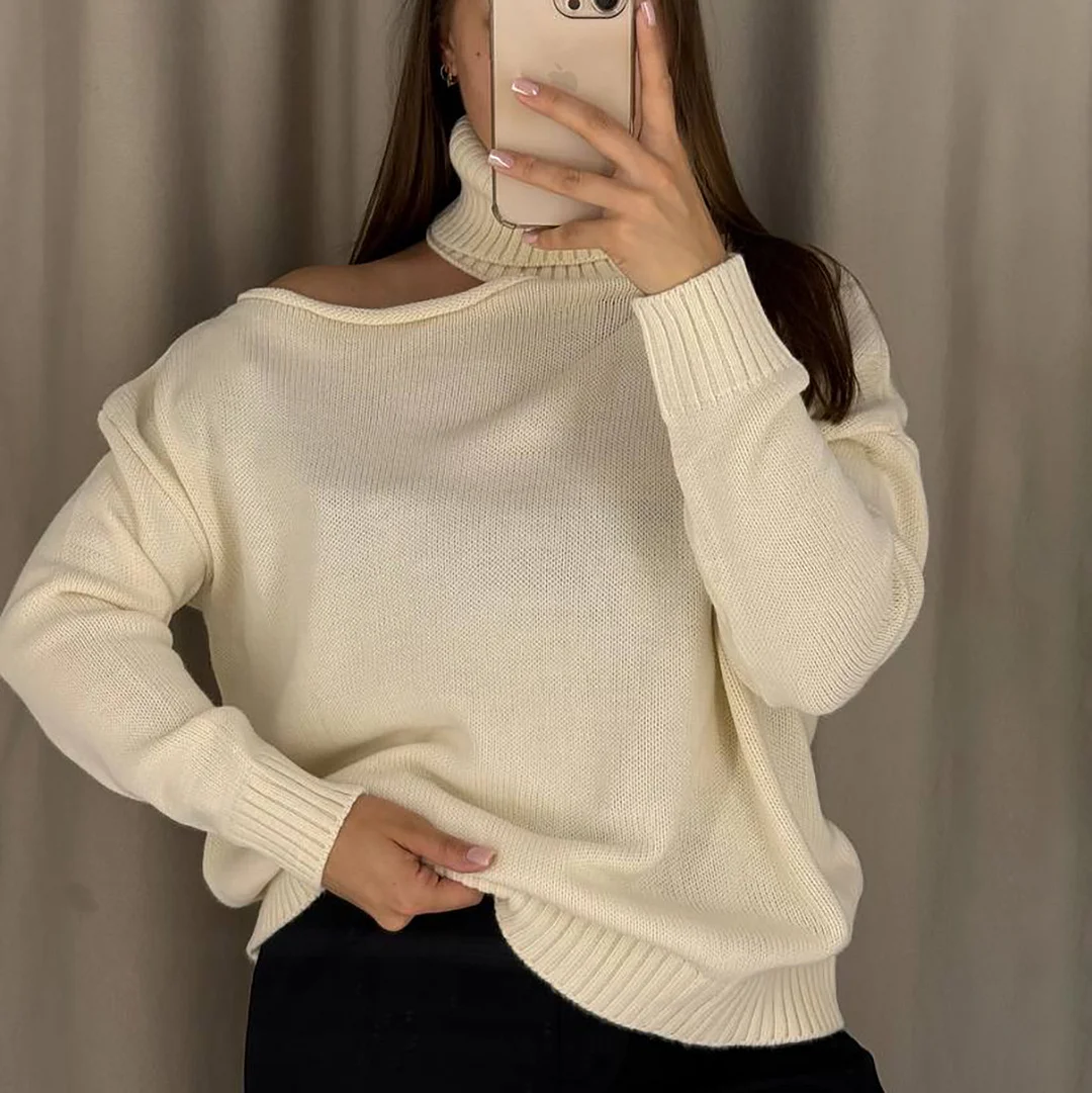 Athvotar Athvotar Enter The High-Collar Shoulder Sweater Unique Asymmetric Design Gentle Apricot Gray Color Optional Autumn And Winter Atmosphere