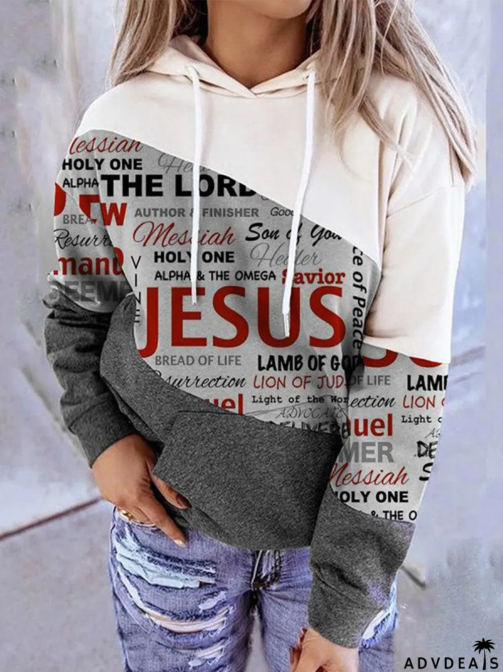 Women's Jesus Print Colorblock Casual Hoodie