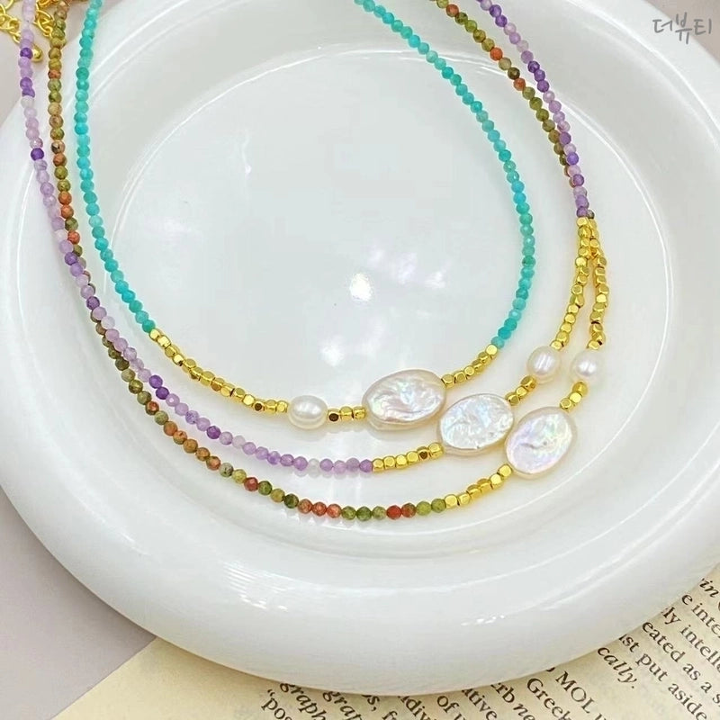 IG Style Geometric Natural Stone Pearl Black Gallstone Beaded Chain Necklace In Bulk