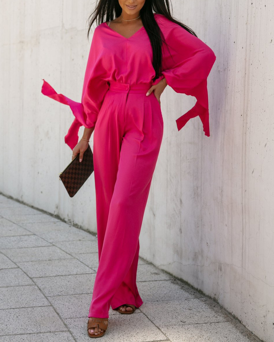 V Neckline Flared Sleeve Top & High Waisted Wide Leg Pant Set
