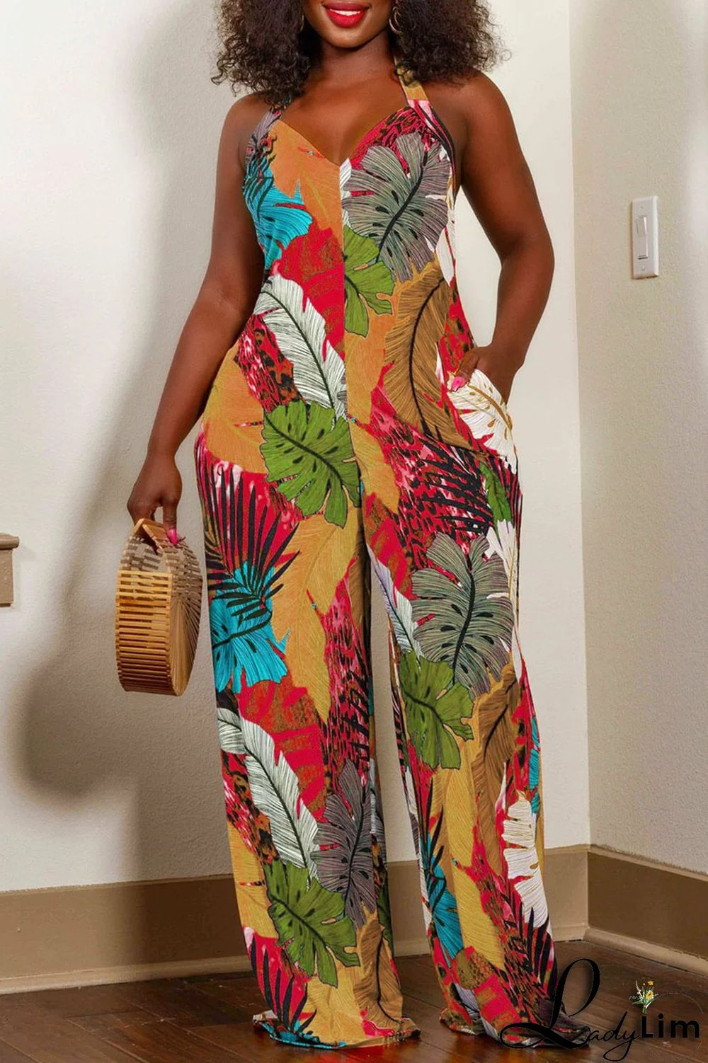 Red Casual Print Patchwork Halter Straight Jumpsuits