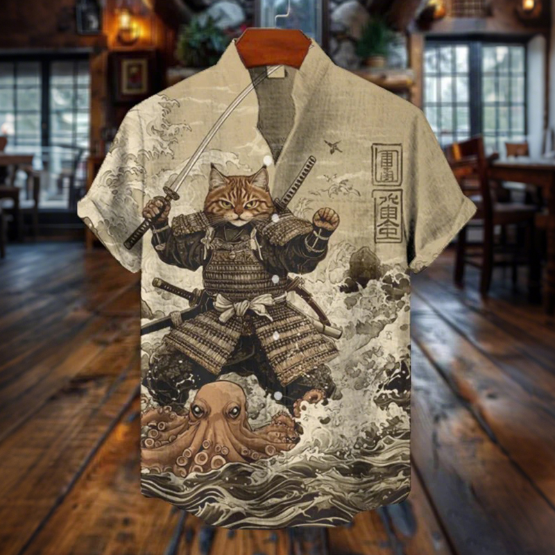 Men's Retro Cat Warrior And Giant Wave Octopus Print Linen Short-sleeve Shirt  artssus
