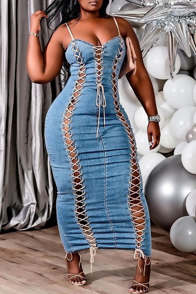 Xpluswear Plus Size Dress Off-shoulder Denim Lace-up Maxi Dress(Ships 4/10)