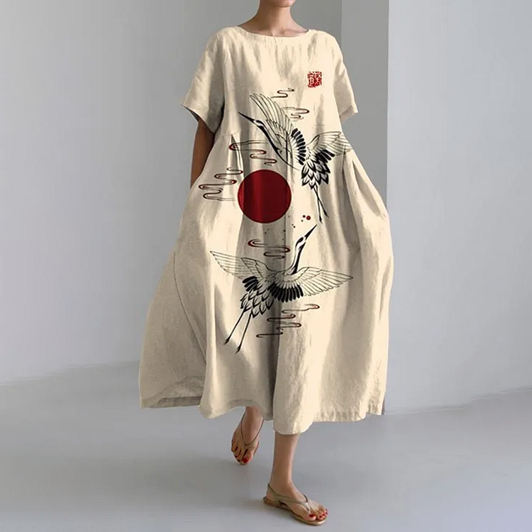 Comstylish Japanese Feihe Loose Short Sleeved Midi Dress