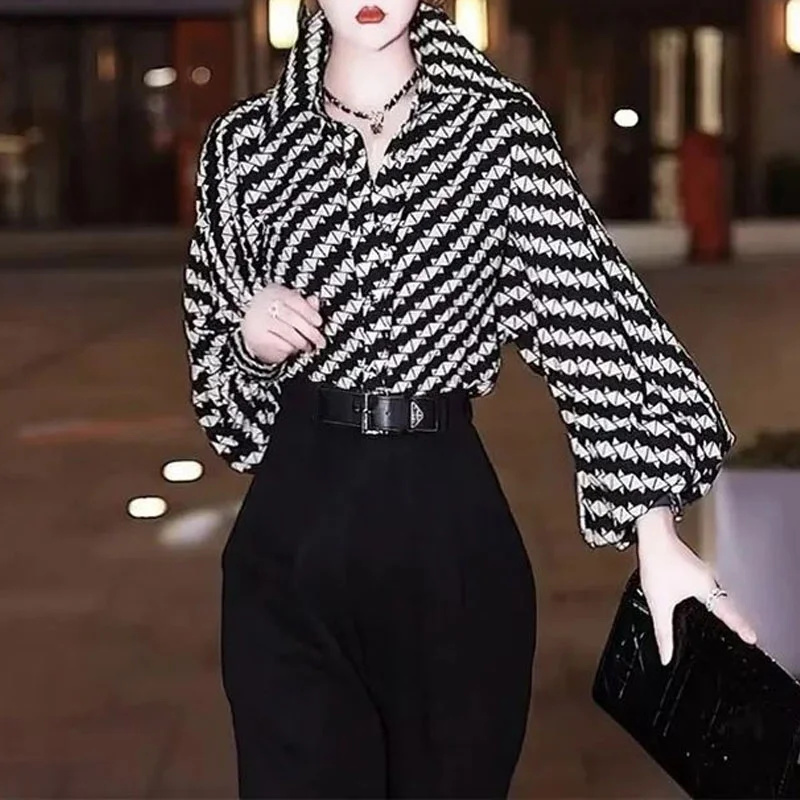 Toloer Clothing Vintage Printed Shirt Commute Turn-down Collar Spring Autumn Long Sleeve Fashion Single-breasted Loose Blouse